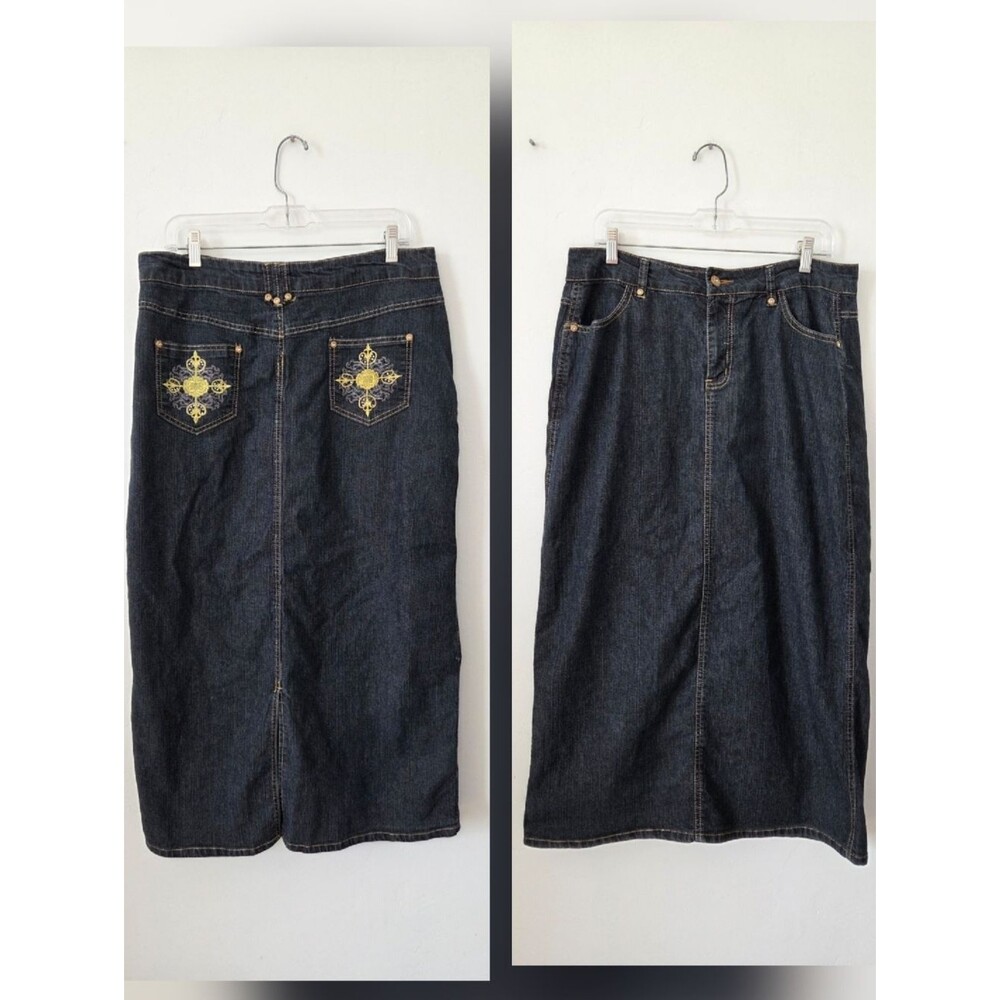 Street Jeans Dark Wash Denim Jean Maxi Skirt Y2K 90s Embroidered Hippie Large